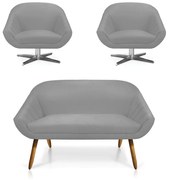 Kit 01 Namoradeira 02 Lugares e 02 Poltronas Giratória Giovana Suede Base Cromada - D'Rossi - Cinza