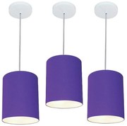 Kit/3 Lustre Pendente Cilíndrico Md-4012 Cúpula em Tecido 18x25cm Roxo - Bivolt