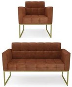 Sofá Namoradeira e 1 Poltrona Base Industrial Dourado Ana Sintético PU