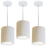 Kit/3 Lustre Pendente Cilíndrico Md-4012 Cúpula em Tecido 18x25cm Linho Bege - Bivolt