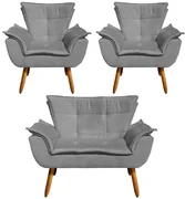 Conjunto 2 Poltronas e 1 Namoradeira Pés Palito Charger Suede Grafite G19 - Gran Belo