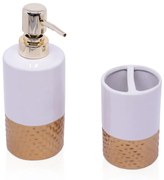 Kit Banheiro 01 Porta Sabonete Liquido e 01 Porta Escova em Cerâmica Branco e Dourado - D'Rossi