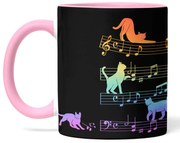 Caneca Gato Musical Arco Iris Cat Lover Preta com Alça Rosa