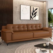 Sofá Living 3 lugares 212cm Agostino Pés Design em Ferro Couro Caramelo Manchado G52 - Gran Belo