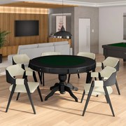 Conjunto Mesa de Jogos Carteado Bellagio Tampo Reversível e 6 Cadeiras Madeira Poker Base Estrela PU OffWhite/Preto G42 - Gran Belo