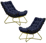 Kit 2 Poltronas Decorativas Sala de Estar Caim Base de Ferro Dourado Veludo Azul G41 - Gran Belo