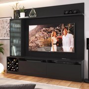 Painel Home Suspenso Sala Para Tv Vidro 7 Prateleiras Preto