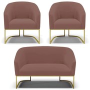Namoradeira e 2 Poltronas Industrial Dourado Stella Veludo D03 - D'Rossi - Rose