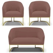 Namoradeira e 2 Poltronas Industrial Dourado Stella Veludo D03 - D'Rossi - Rose