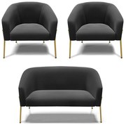 Namoradeira e 2 Poltronas Pé de Ferro Dourado Stella Suede D03 - D'Rossi - Preto