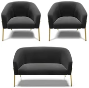 Namoradeira e 2 Poltronas Pé de Ferro Dourado Stella Suede D03 - D'Rossi - Preto