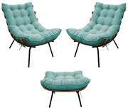 Kit 02 Poltronas e Puff Costela Base Fixa Suede Azul Tiffany - ADJ Decor