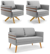 Kit 01 Namoradeira 02 Lugares e 02 Poltronas Mari Suede Base de Madeira MA30 - D'Rossi - Cinza