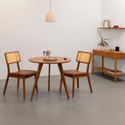 Conjunto Mesa de Jantar Square Laminada Tripé Redonda Natural -  88cm + 2 Cadeiras Lalá Encosto Palha Creme Assento - Cognac