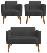 Conjunto Namoradeira e 2 Poltronas Decorativas Isabella Pés Palito Madeira Suede Preto G19 - Gran Belo