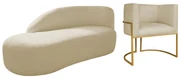 Kit Divã Luna 140cm Lado Esquerdo e 01 Poltrona Base de Ferro Dourado Suede