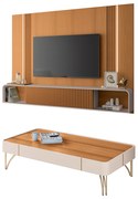 Conjunto Home Suspenso c/LED e Mesa de Centro Rennes MDF/MDP Cinamomo/Off White G26 - Gran Belo