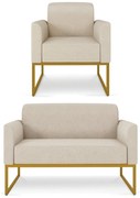 Sofá Namoradeira com Poltrona Base Industrial Dourado Marisa Linho D03 - D'Rossi - A27 Areia