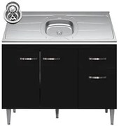 Balcão Gabinete Com Pia Inox 120cm 3 Portas e 1 Gaveta Gabriela Preto