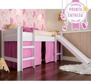 Cama Infantil Elevada C/ Escorregador Cortina Rosa - Branco