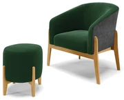 Poltrona e Puff Decorativo Base Madeira Stella PU Preto/Bouclê D03 - D'Rossi - Verde