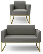 Sofá Namoradeira com Poltrona Base Industrial Dourado Marisa Suede D03 - D'Rossi - Grafite