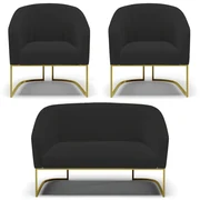 Namoradeira e 2 Poltronas Industrial Dourado Stella Veludo D03 - D'Rossi - Preto
