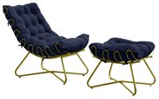 Conjunto Decorativo Poltrona e Puff Caim Base de Ferro Dourado Veludo Azul G41 - Gran Belo