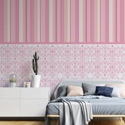 Papel de Parede listrado rosa e branco com arabesco 0.52m x 3.00m