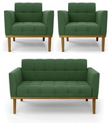 Conjunto 2 Poltronas e 1 Namoradeira Decorativa Karen Pés Fixo em Madeira Castanho Suede Verde G19 - Gran Belo