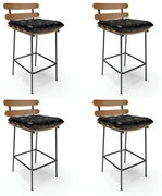 Kit 04 Banquetas Costela Corano Base Metálica Preto - D'Rossi - Preto