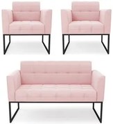 Sofá Namoradeira e 2 Poltronas Base Industrial Preto Ana Suede Rosa Be