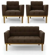 Namoradeira com 2 Poltronas Base de Madeira Castanho Elisa Suede D03 - D'Rossi - Marrom