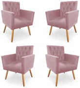 Kit 4 Poltronas Decorativas Clara Capitonê Pés Palito Suede Rosa - Sheep Estofados