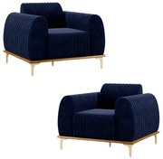 Kit 2 Poltronas Decorativas Sala de Estar Base de Madeira Euro Veludo Azul Marinho G15 - Gran Belo