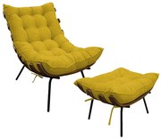 Kit Poltrona e Puff Costela Base Fixa Suede Amarelo - ADJ Decor