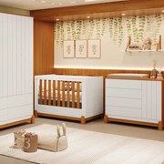 Kit Quarto Infantil Lotus Berço Mini Cama + Cômoda 4 Gavetas e 1 Porta + Guarda-Roupa 4 Portas com 4 Gavetas - Branco e Savana