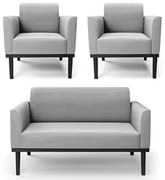 Sofá Namoradeira e 2 Poltronas Base Madeira Preto Maressa Suede Cinza