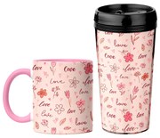 Kit Copo Viagem e Caneca Rosa Amor e Flores