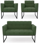 Sofá Namoradeira e 2 Poltronas Base Industrial Preto Ana Suede Verde -