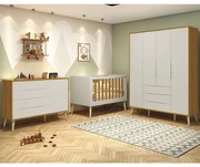 Kit Quarto Infantil com Pés Retrô Natural - Cômoda Elfe 4 Gavetas e 1 Porta + Guarda-Roupa Elfe + Berço Mini Cama Noah - Areia e Savana