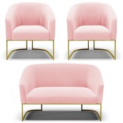 Namoradeira e 2 Poltronas Base Industrial Dourado Stella Suede D03 - D'Rossi - Rosa Bebê