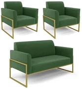 Sofá Namoradeira com 2 Poltronas Base Industrial Alta Dourado Marisa Suede D03 - D'Rossi - Verde