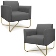 Kit 2 Poltronas Decorativas Isabella Base X Suede Grafite/Dourado G19 - Gran Belo