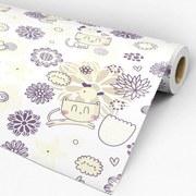 Papel de parede adesivo gatinhos roxo e amarelo