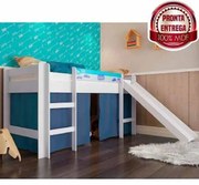 Cama Infantil Elevada Com Escorregador E Cortina Azul - Branco