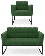 Kit 1 Sofá Namoradeira e 1 Poltrona Elisa Suede Base Metálica Industrial Preto - D'Rossi - Verde