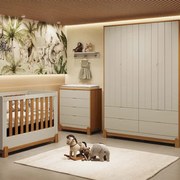 Kit Quarto Infantil Lotus Berço Mini Cama com Frisos + Cômoda 4 Gavetas + Guarda-Roupa 4 Portas com 4 Gavetas - Areia e Savana