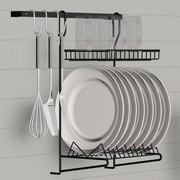 Kit Elegance 6pcs Cozinha Suspensa Parede Com Escorredor de Pratos e Copos Em Inox Preto