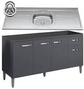 Balcão Gabinete Com Pia Inox 150cm 4 Portas e 1 Gaveta Gabriela Cinza